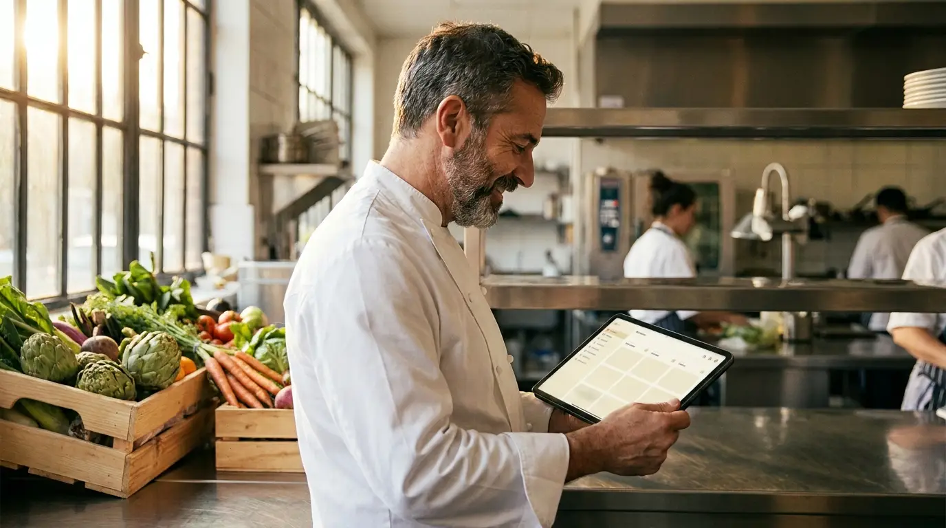 Küchenchef prüft die Menüvorschläge auf dem Tablet